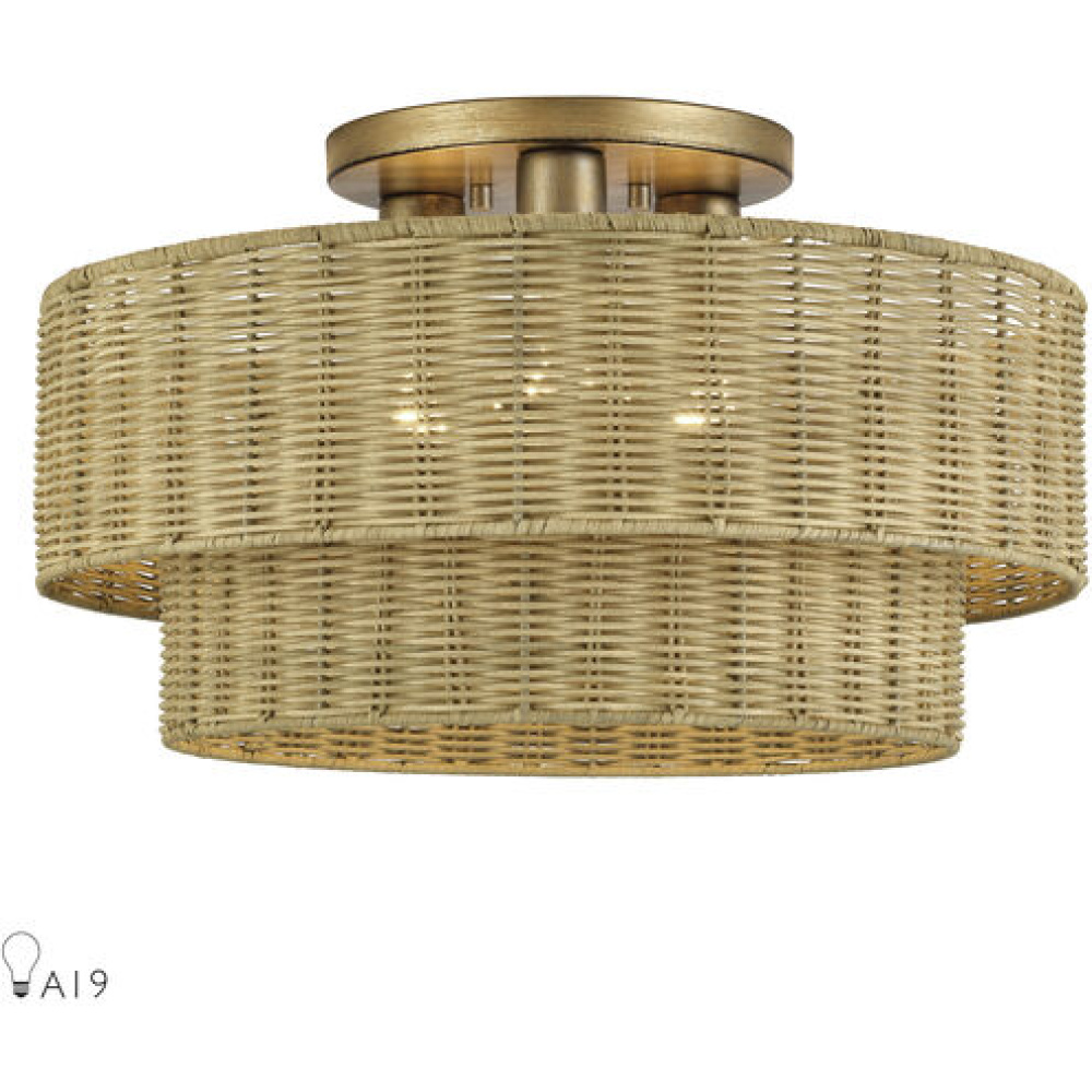 3 Light Antique Gold Leaf Large Semi-Flush