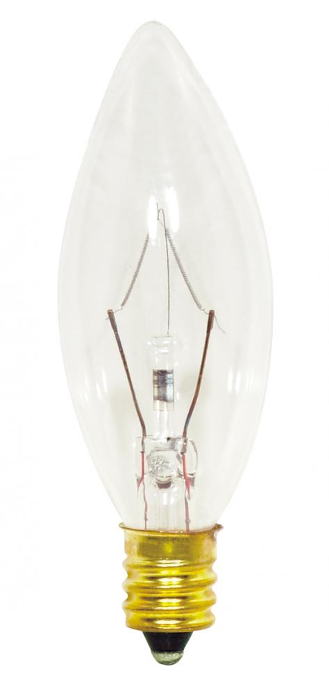 25 Watt B8 Incandescent; Clear; 1500 Average rated hours; 212 Lumens; Candelabra base; 130 Volt