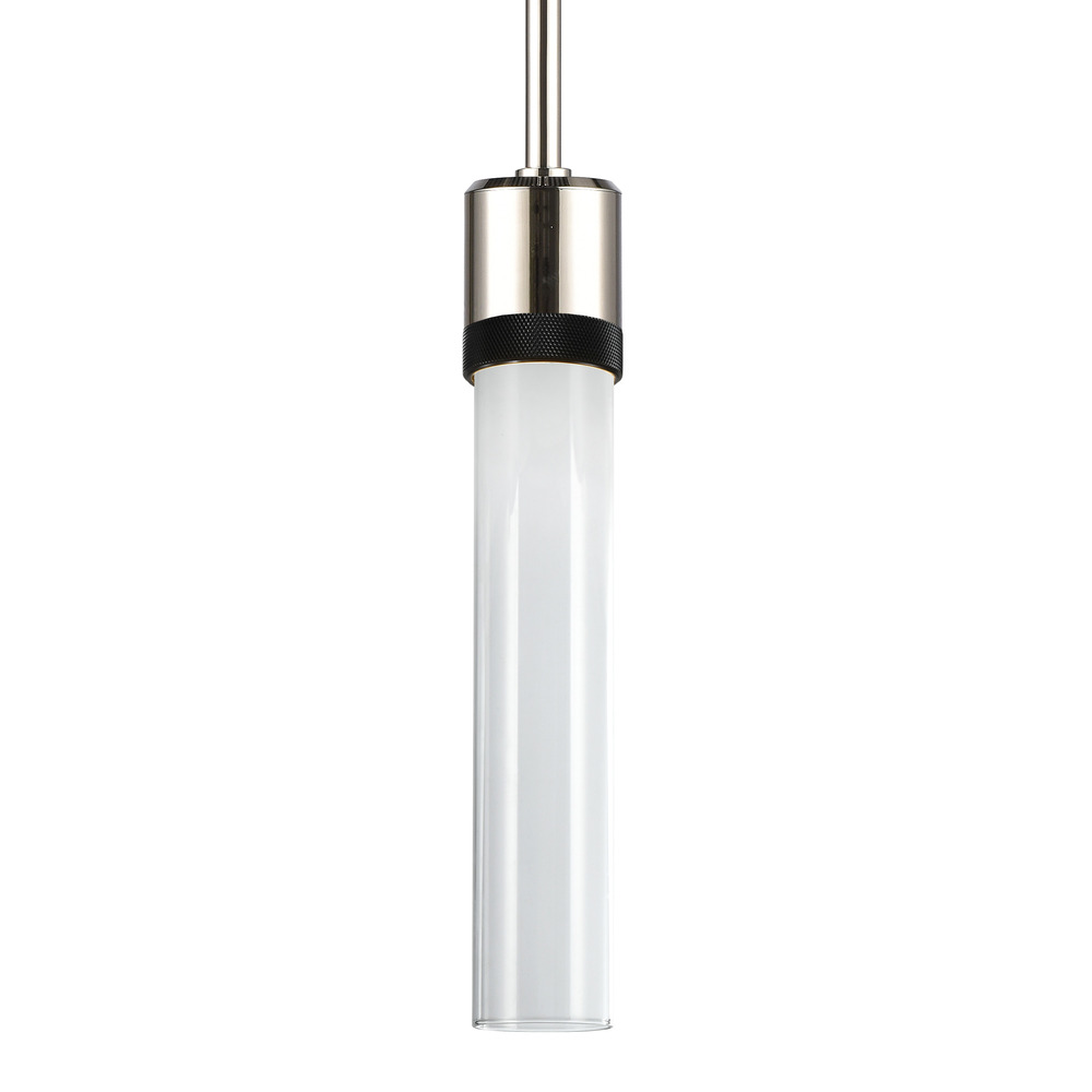 3" LED 3CCT Cylindrical Pendant Light, 12" Clear Glass and Polished Nickel with Black Finish