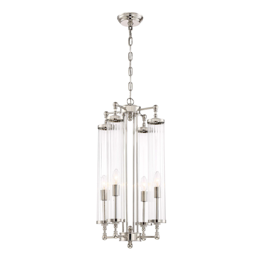 4-Light 14" Decorative Polished Nickel Fluted Glass Vertical Pendant