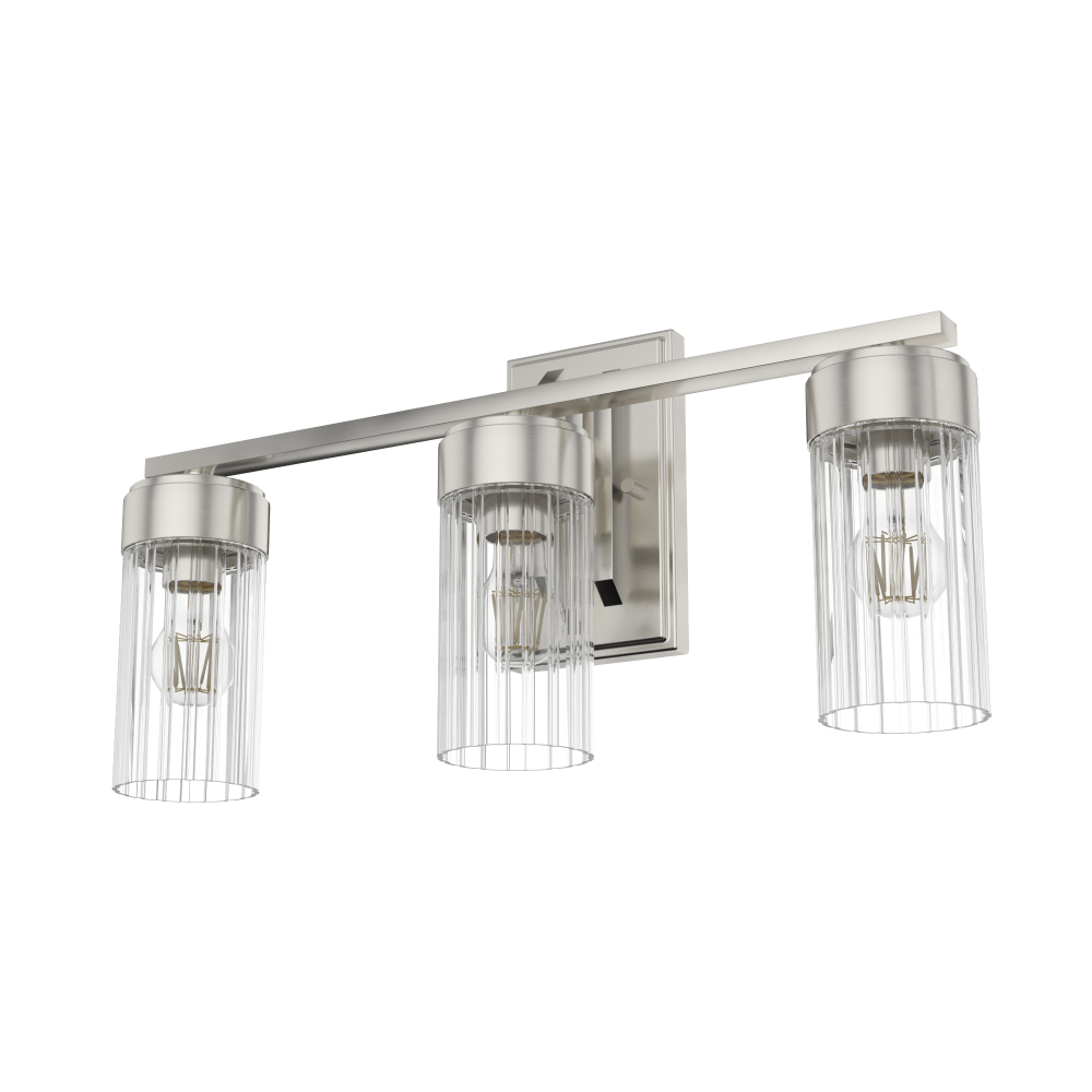 Hunter Gatz Brushed Nickel with Clear Fluted Glass 3 Light Bathroom Vanity Wall Light Fixture