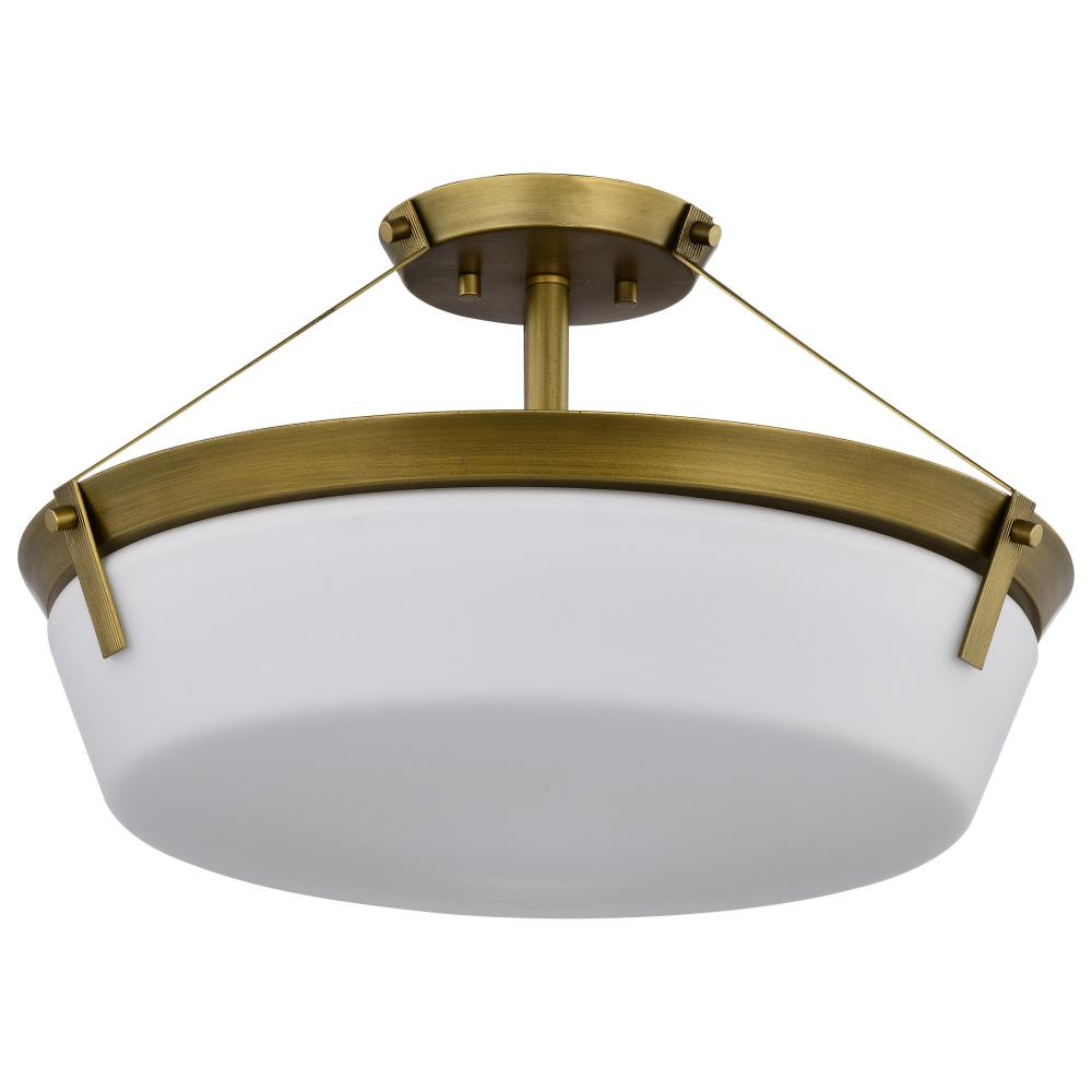 Rowen 4 Light Semi Flush; Natural Brass Finish; Etched White Glass