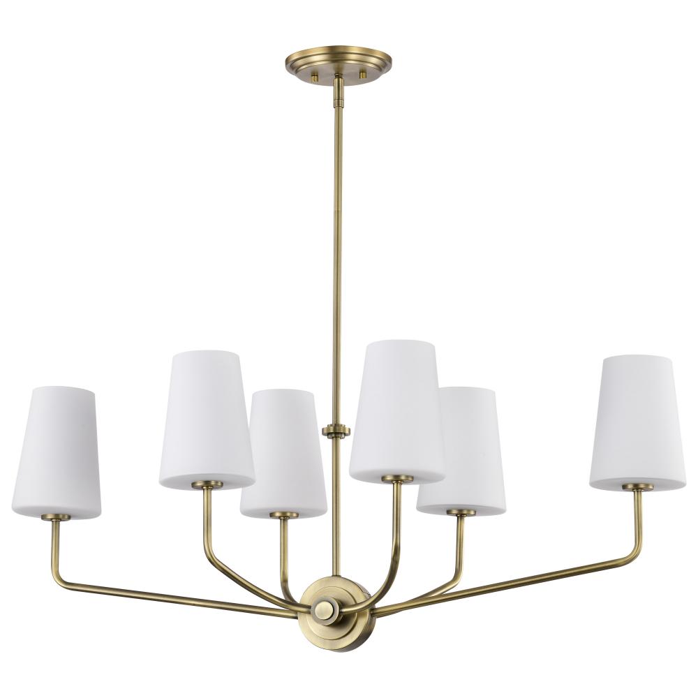 Cordello 6 Light Island Pendant; Vintage Brass Finish; Etched White Opal Glass