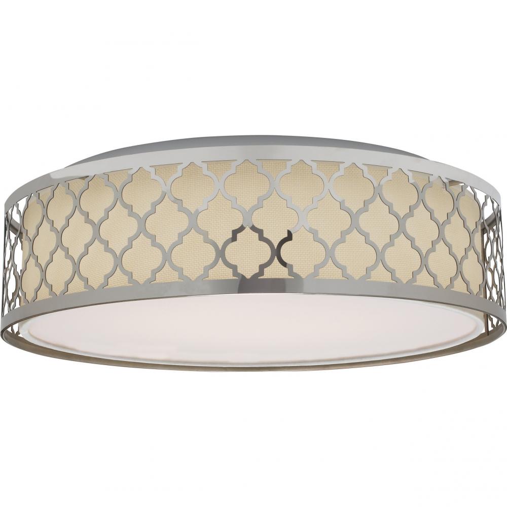 15" Filigree LED Decor Flush Mount Fixture - Polished Nickel Finish - White Fabric Shade